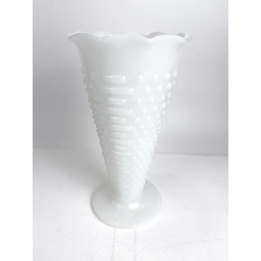 Vintage Fenton White Milk Glass Hobnail Trumpet Vases Ruffled Rim Pedestal Pair